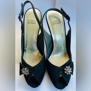 Stuart Weitzman Vintage Black Satin peep-toe slingback heels size 9.5